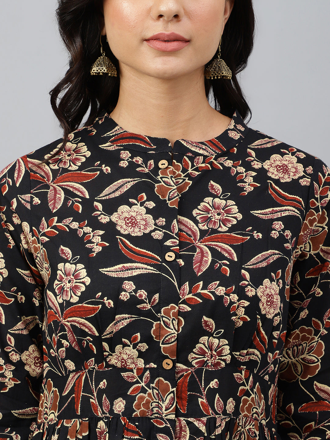 Janasya Women's Black Cotton Floral Printed Flared Western Dress