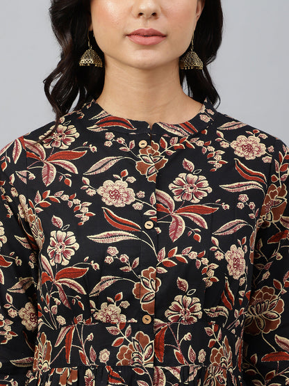Janasya Women's Black Cotton Floral Printed Flared Western Dress