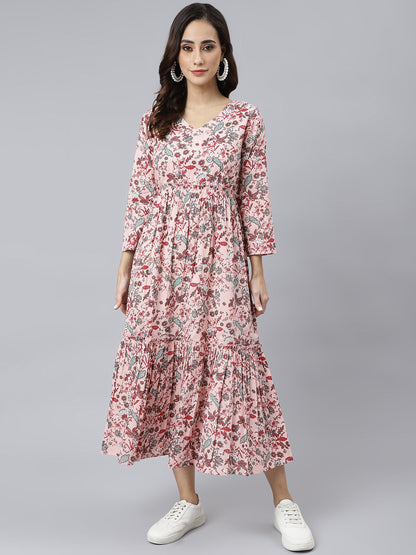 Janasya Women's Peach Cotton Floral Printed Casual Flared kurta