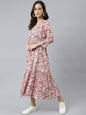 Janasya Women's Peach Cotton Floral Printed Casual Flared kurta