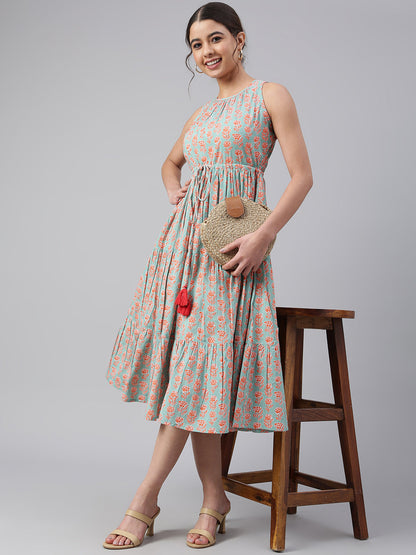 Janasya Women's Mint Green Cotton Floral Printed Tiered Western Dress