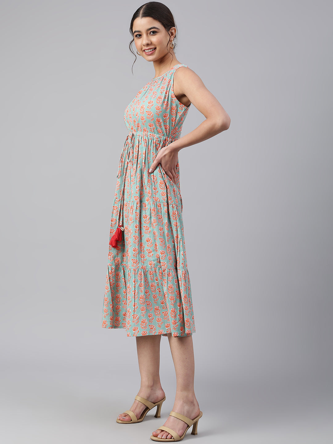 Janasya Women's Mint Green Cotton Floral Printed Tiered Western Dress