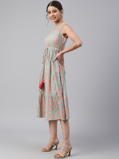 Janasya Women's Mint Green Cotton Floral Printed Tiered Western Dress