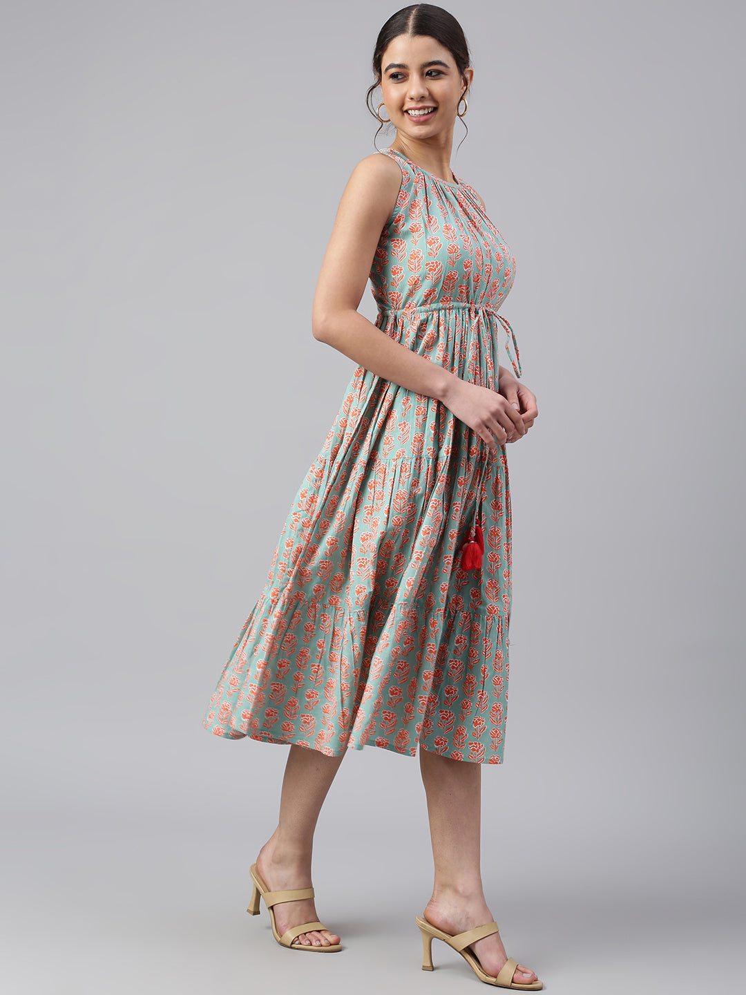 Janasya Women's Mint Green Cotton Floral Printed Tiered Western Dress