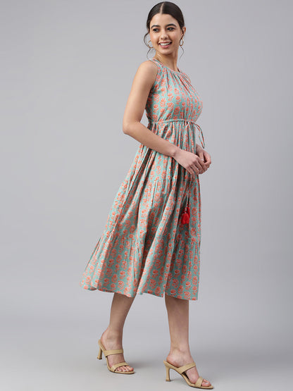 Janasya Women's Mint Green Cotton Floral Printed Tiered Western Dress