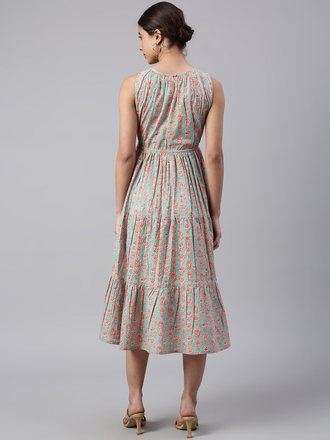Janasya Women's Mint Green Cotton Floral Printed Tiered Western Dress