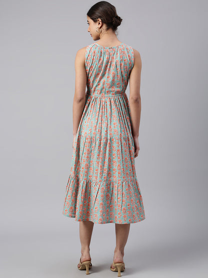 Janasya Women's Mint Green Cotton Floral Printed Tiered Western Dress