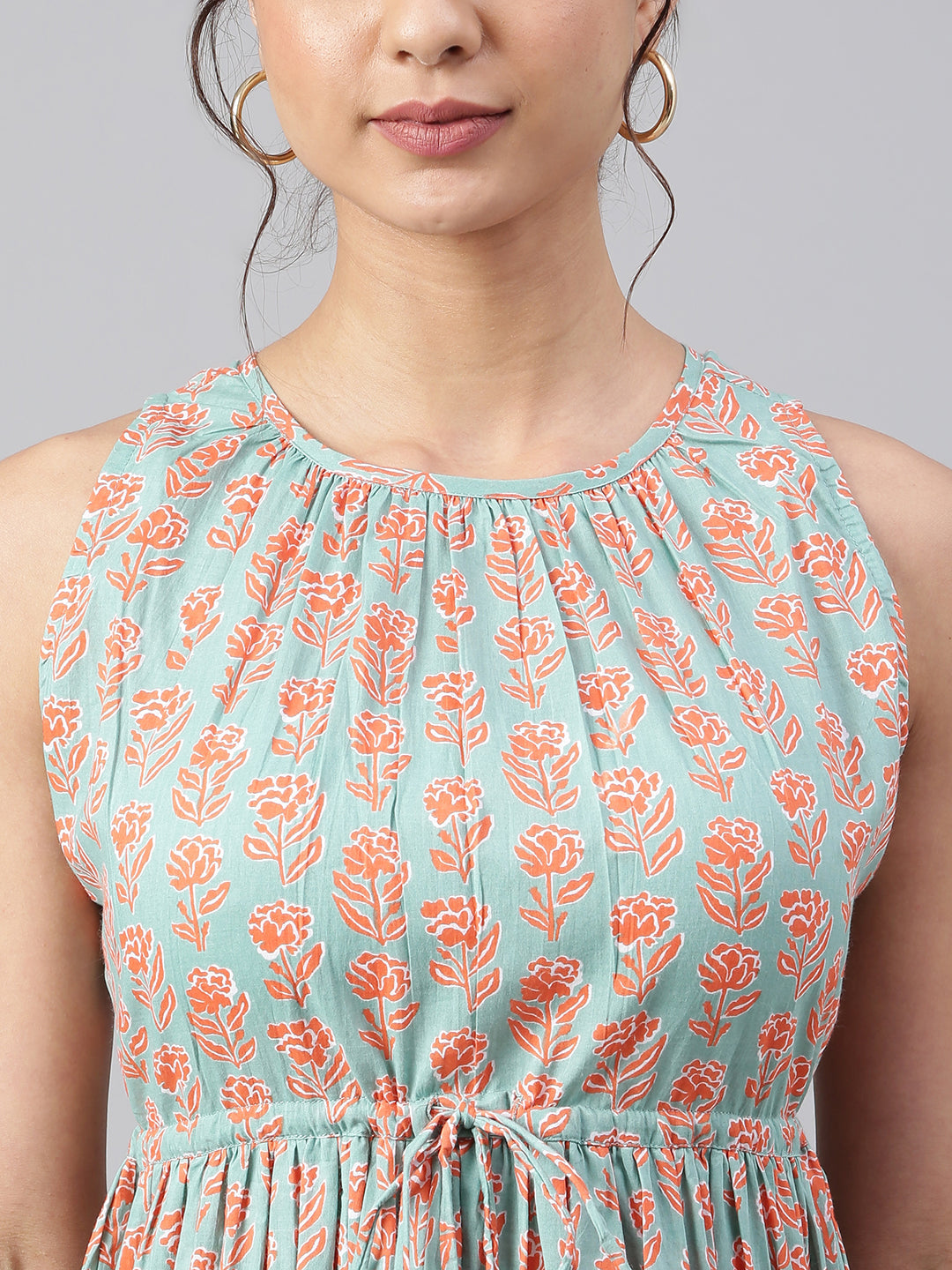 Janasya Women's Mint Green Cotton Floral Printed Tiered Western Dress