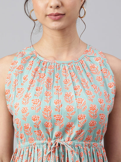 Janasya Women's Mint Green Cotton Floral Printed Tiered Western Dress