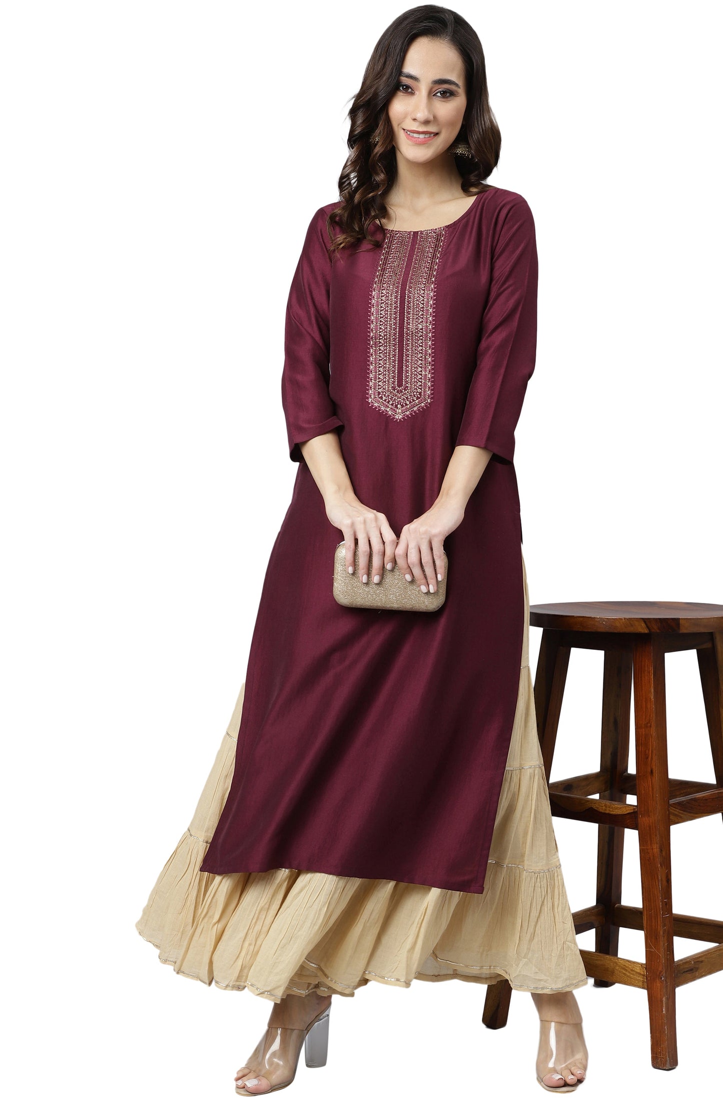 Janasya Wine Poly Silk Solid Straight kurta