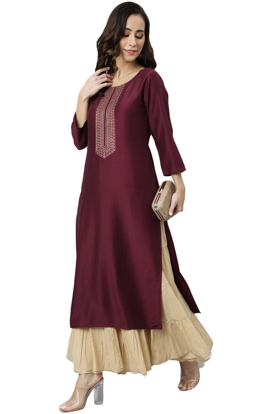 Janasya Wine Poly Silk Solid Straight kurta