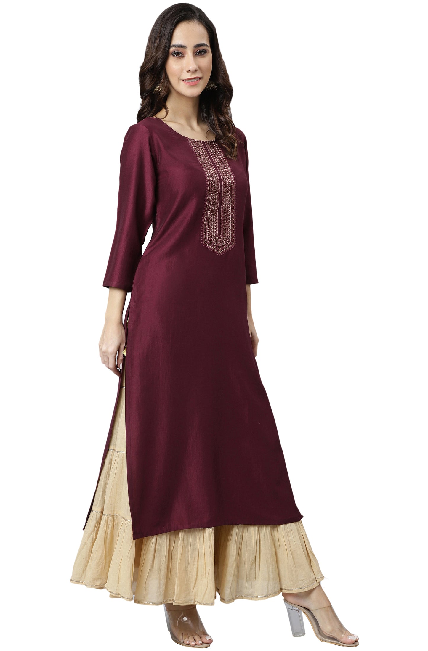 Janasya Wine Poly Silk Solid Straight kurta