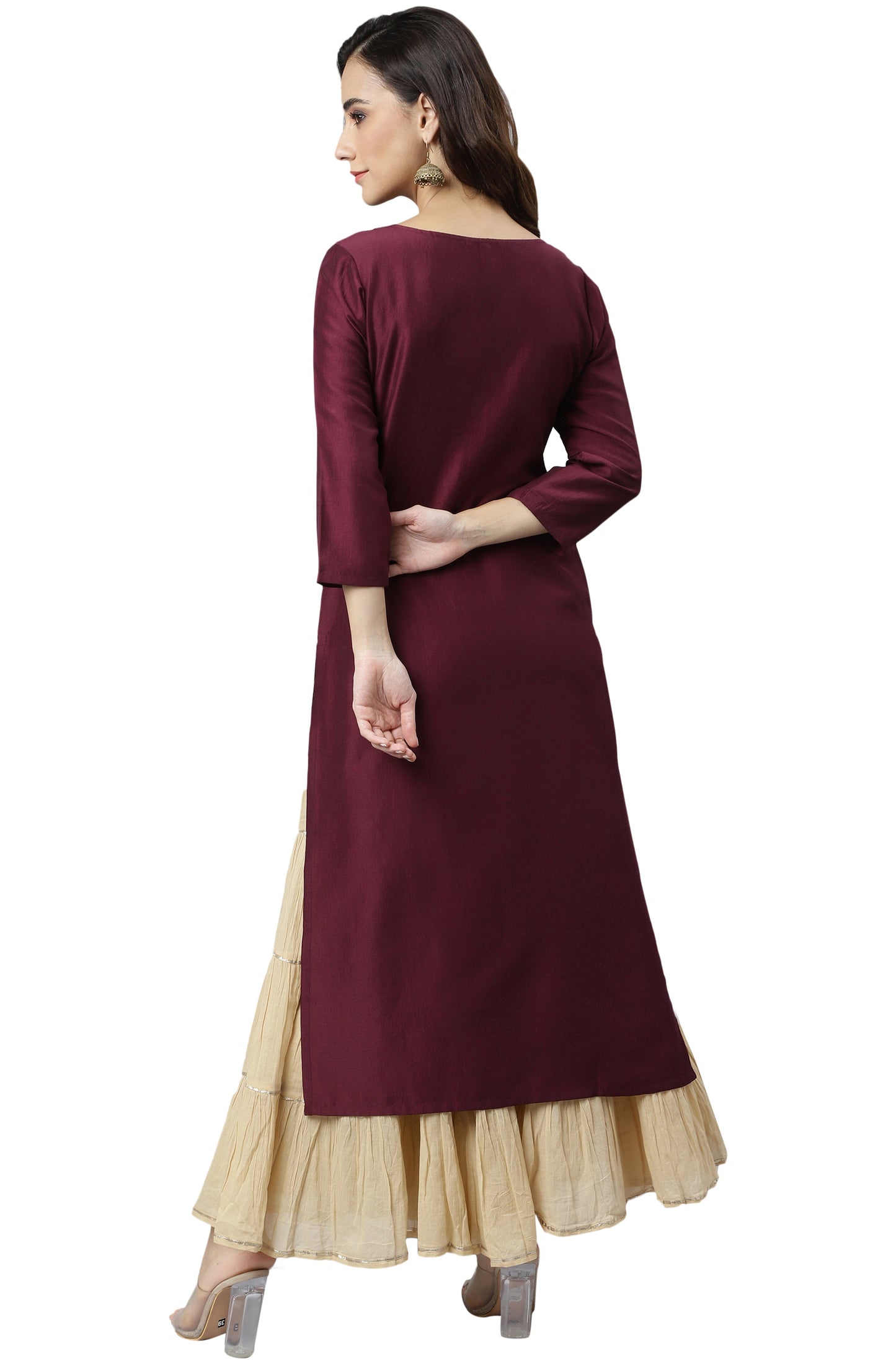 Janasya Wine Poly Silk Solid Straight kurta