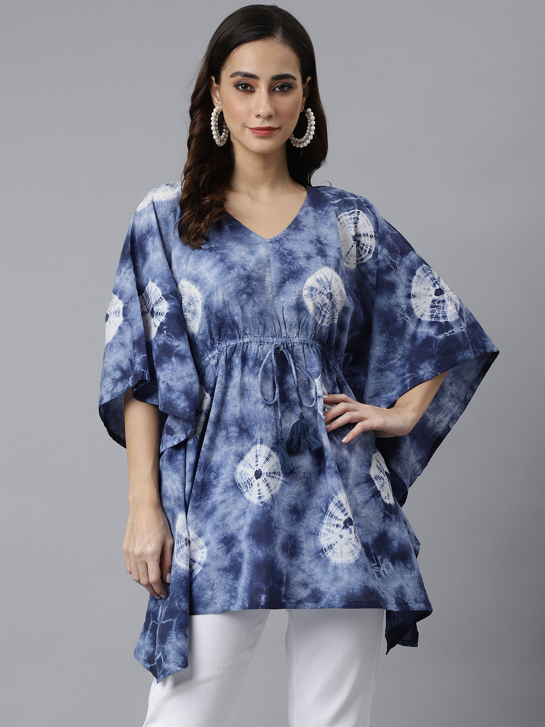 Janasya Women's Navy Blue Cotton Tie dye Kaftan Kaftan Tunic