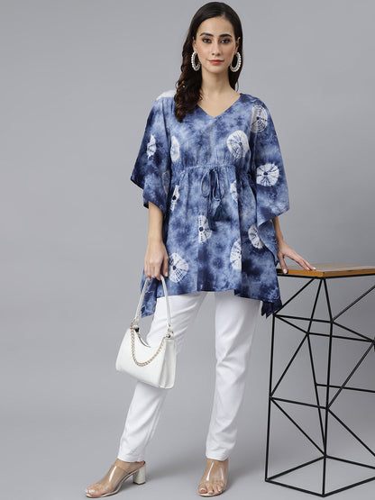Janasya Women's Navy Blue Cotton Tie dye Kaftan Kaftan Tunic