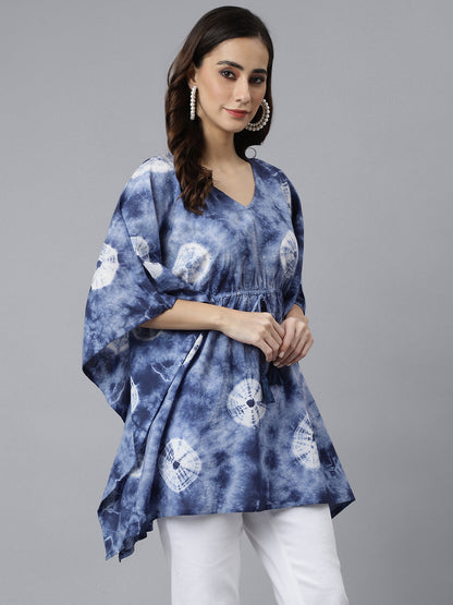Janasya Women's Navy Blue Cotton Tie dye Kaftan Kaftan Tunic