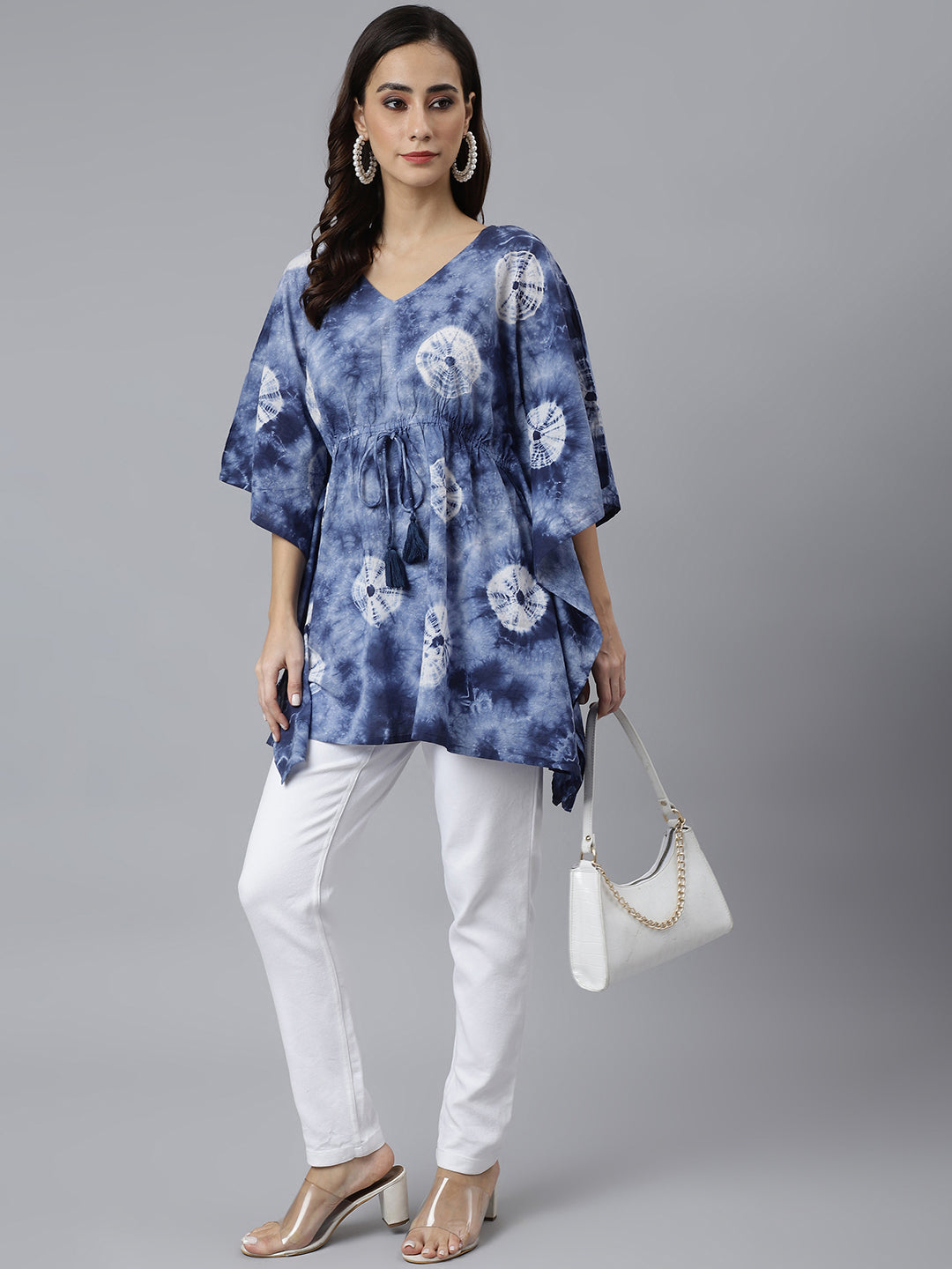 Janasya Women's Navy Blue Cotton Tie dye Kaftan Kaftan Tunic