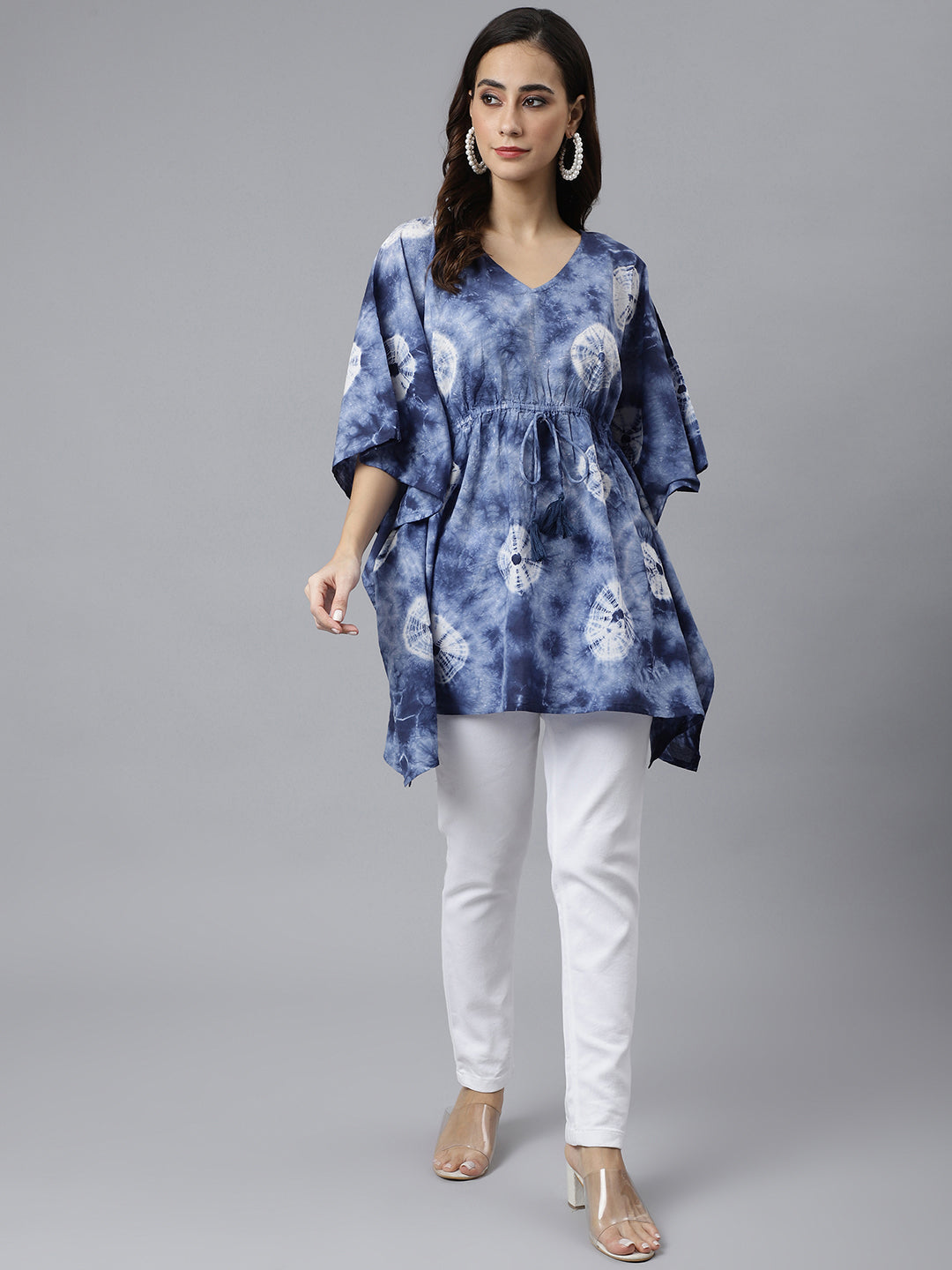 Janasya Women's Navy Blue Cotton Tie dye Kaftan Kaftan Tunic