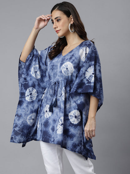 Janasya Women's Navy Blue Cotton Tie dye Kaftan Kaftan Tunic