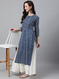 Janasya Women's Indigo Cotton Zig Zag Printed Casual Straight Kurta