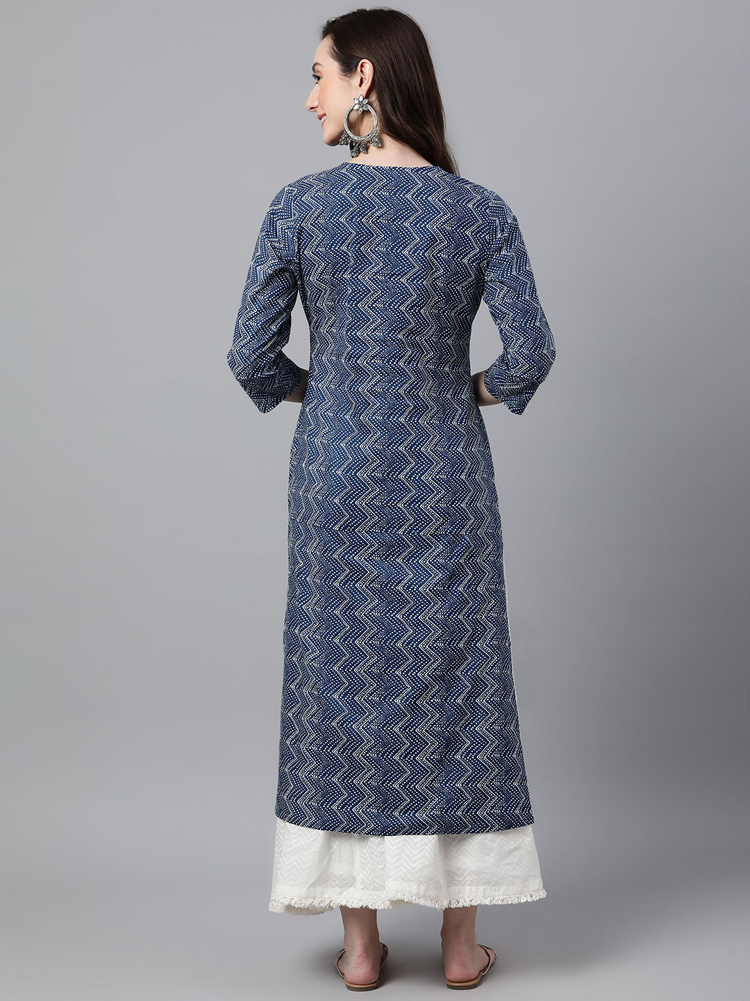Janasya Women's Indigo Cotton Zig Zag Printed Casual Straight Kurta