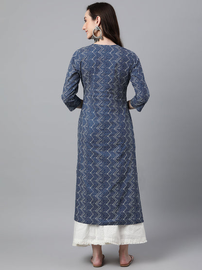 Janasya Women's Indigo Cotton Zig Zag Printed Casual Straight Kurta