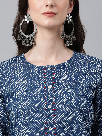 Janasya Women's Indigo Cotton Zig Zag Printed Casual Straight Kurta
