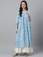Janasya Women's Sky Blue Cotton Floral Printed Casual Flared Kurta