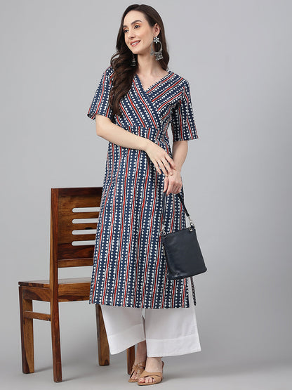 Janasya Women's Navy Blue Cotton Geometric Printed Casual Straight Kurta