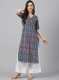 Janasya Women's Navy Blue Cotton Geometric Printed Casual Straight Kurta