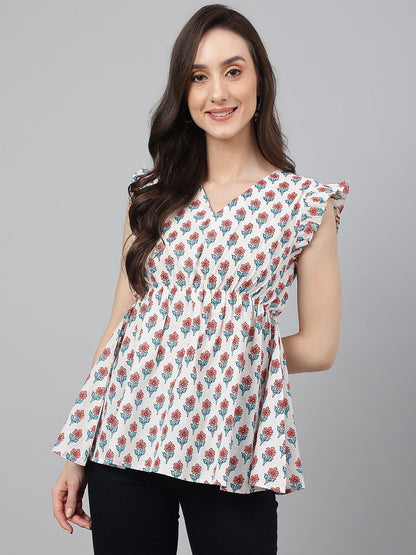 Janasya Women's White Cotton Floral Print Flared Top