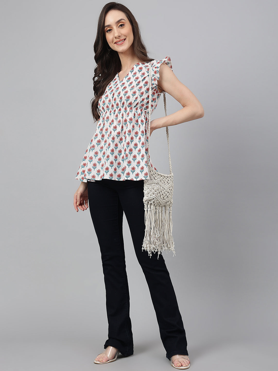 Janasya Women's White Cotton Floral Print Flared Top