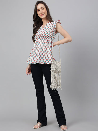 Janasya Women's White Cotton Floral Print Flared Top