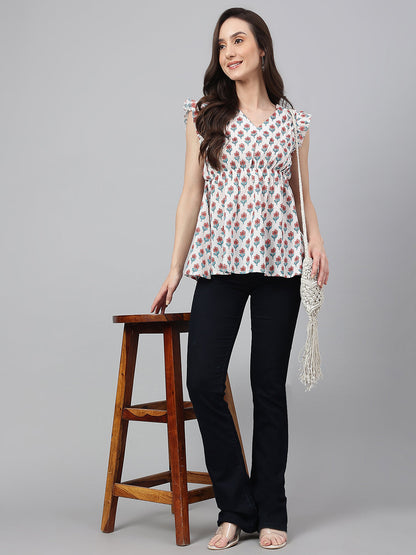 Janasya Women's White Cotton Floral Print Flared Top