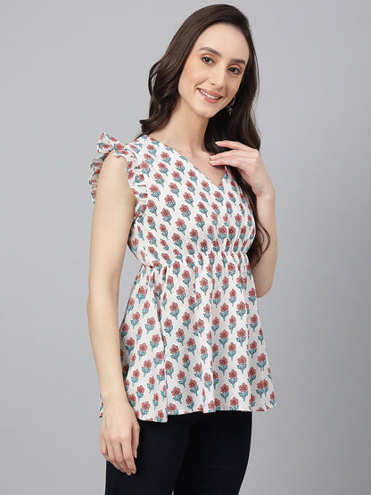 Janasya Women's White Cotton Floral Print Flared Top