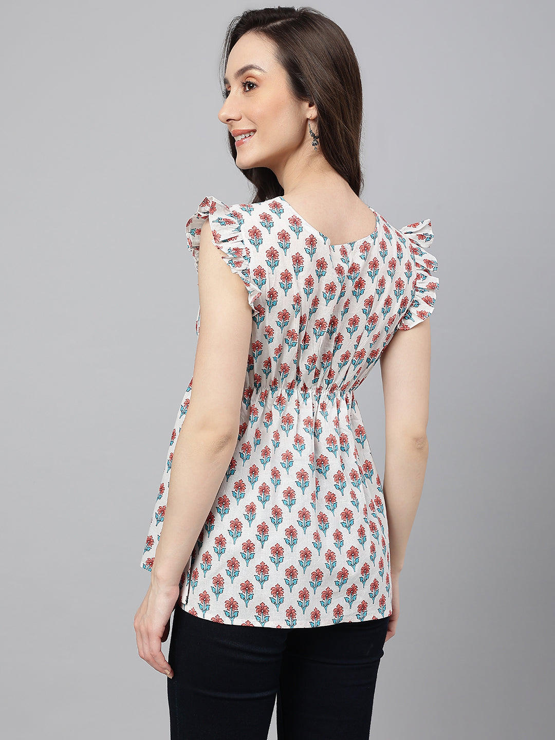Janasya Women's White Cotton Floral Print Flared Top