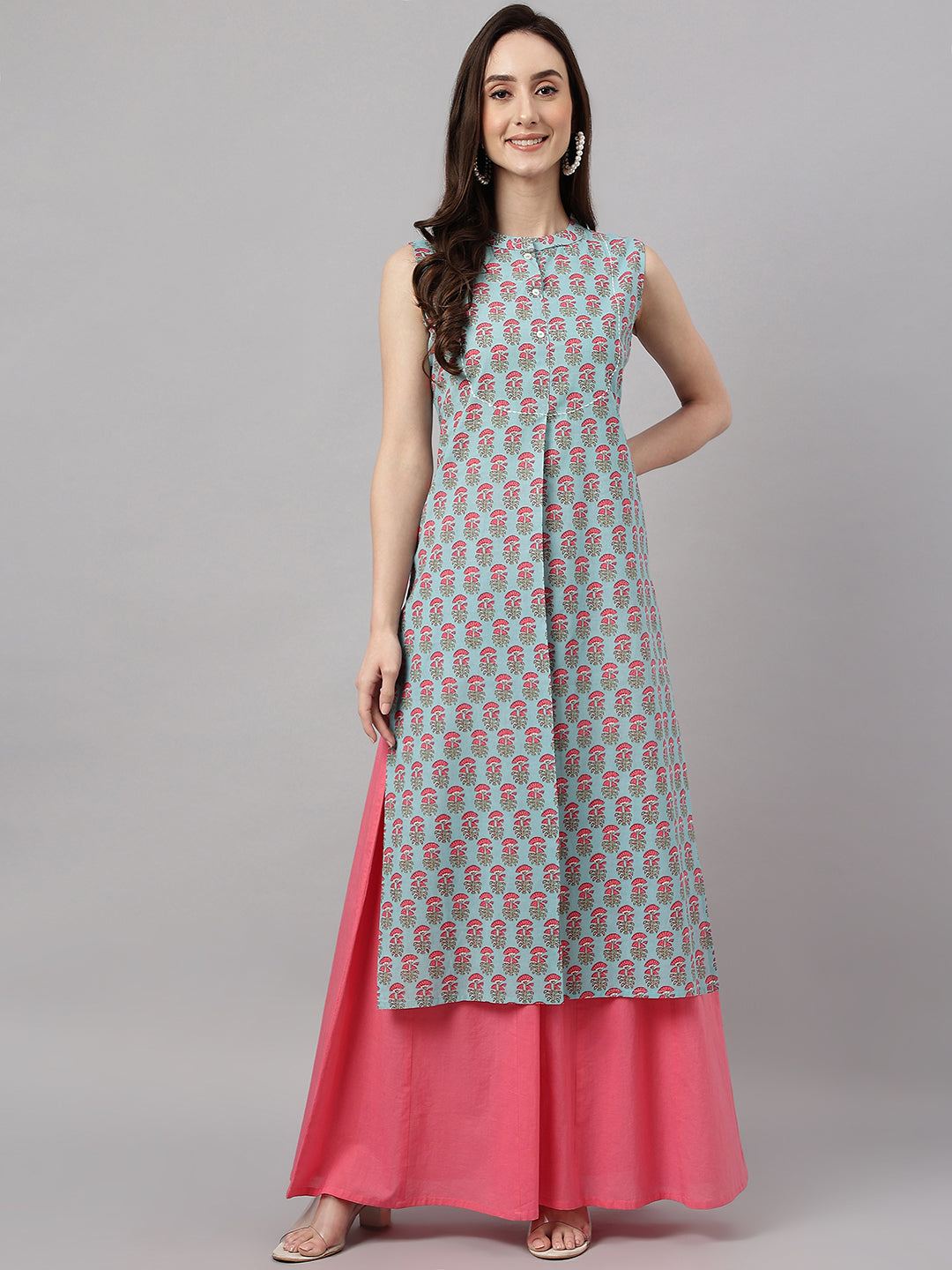Janasya Women's Aqua Blue Cotton Botanical Printed Casual Straight Kurta