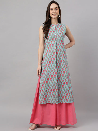 Janasya Women's Aqua Blue Cotton Botanical Printed Casual Straight Kurta