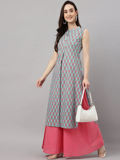 Janasya Women's Aqua Blue Cotton Botanical Printed Casual Straight Kurta