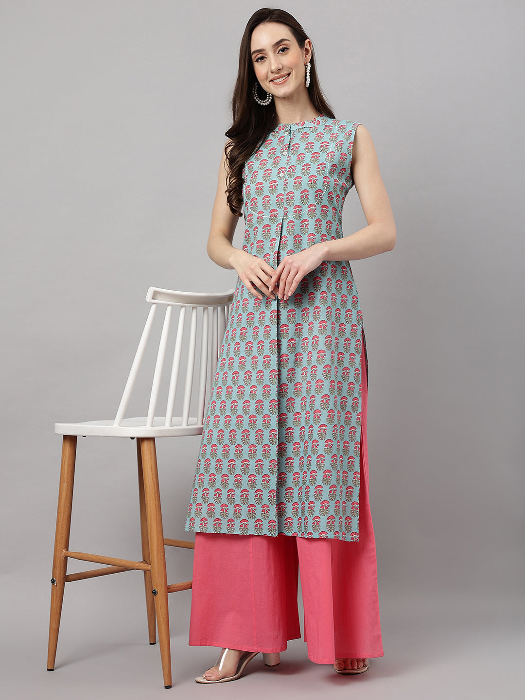 Janasya Women's Aqua Blue Cotton Botanical Printed Casual Straight Kurta