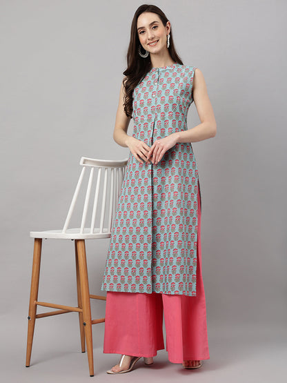 Janasya Women's Aqua Blue Cotton Botanical Printed Casual Straight Kurta