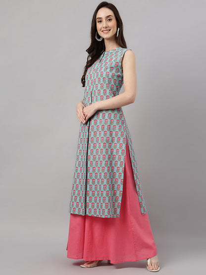 Janasya Women's Aqua Blue Cotton Botanical Printed Casual Straight Kurta