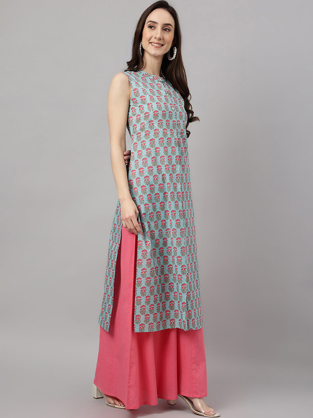 Janasya Women's Aqua Blue Cotton Botanical Printed Casual Straight Kurta
