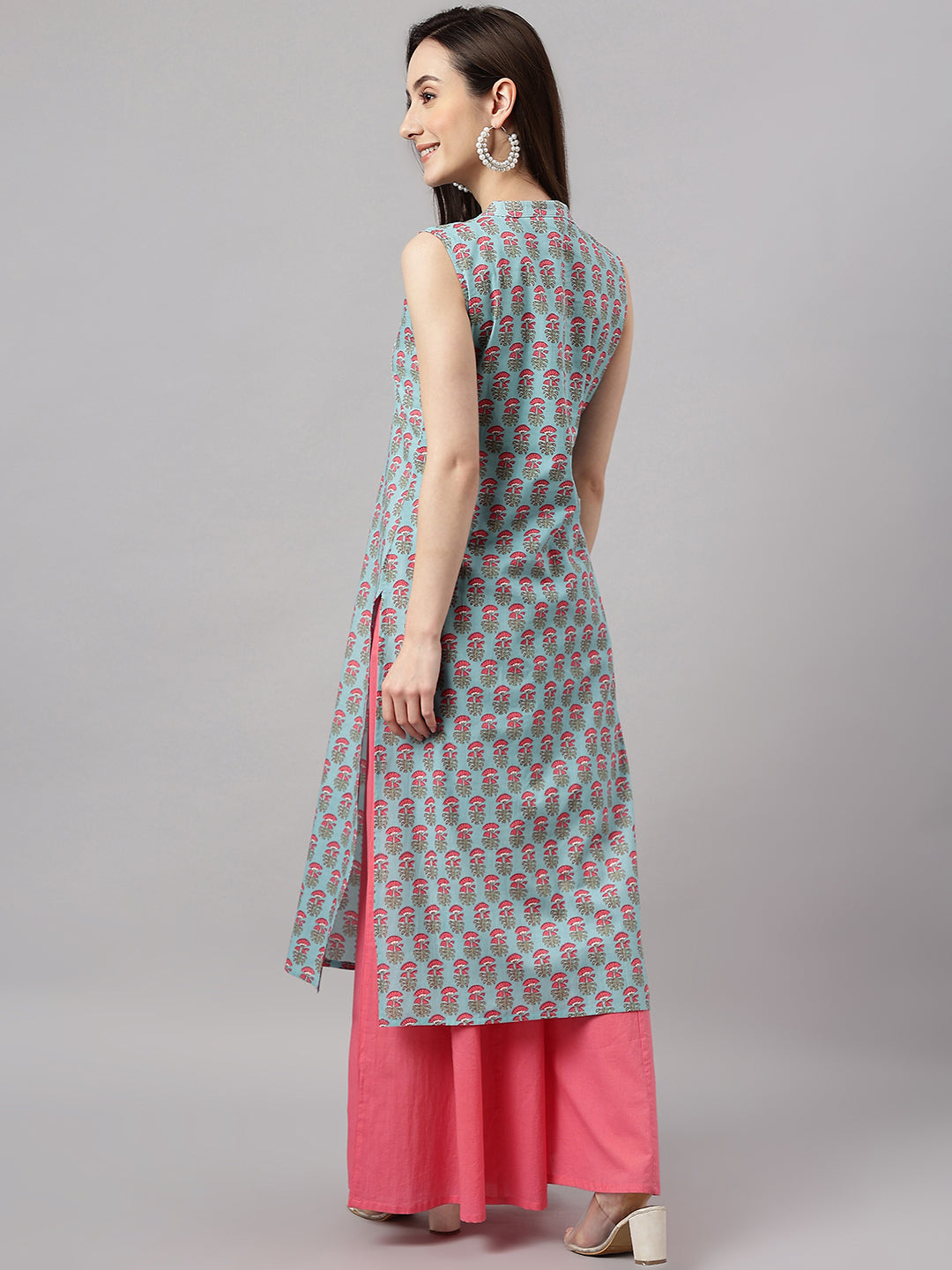Janasya Women's Aqua Blue Cotton Botanical Printed Casual Straight Kurta