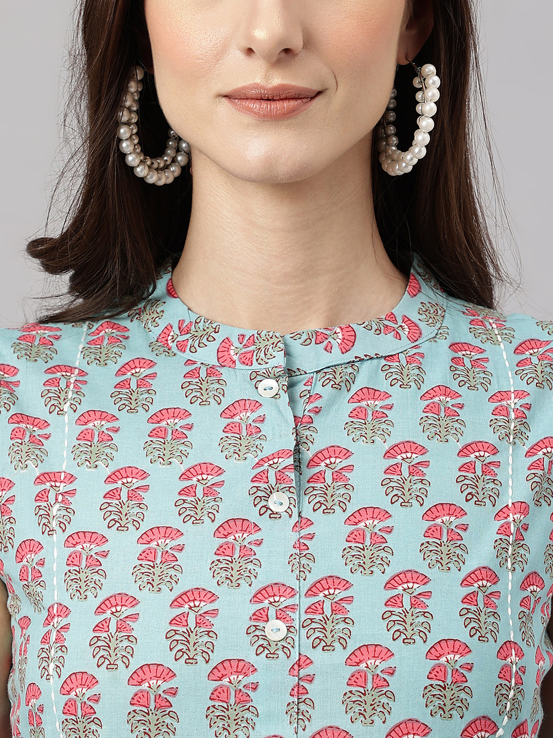 Janasya Women's Aqua Blue Cotton Botanical Printed Casual Straight Kurta