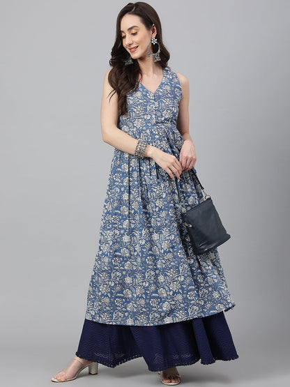 Janasya Women's Blue Cotton Floral Printed Casual Flared Kurta