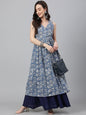 Janasya Women's Blue Cotton Floral Printed Casual Flared Kurta