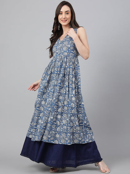 Janasya Women's Blue Cotton Floral Printed Casual Flared Kurta