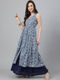 Janasya Women's Blue Cotton Floral Printed Casual Flared Kurta