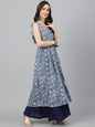 Janasya Women's Blue Cotton Floral Printed Casual Flared Kurta